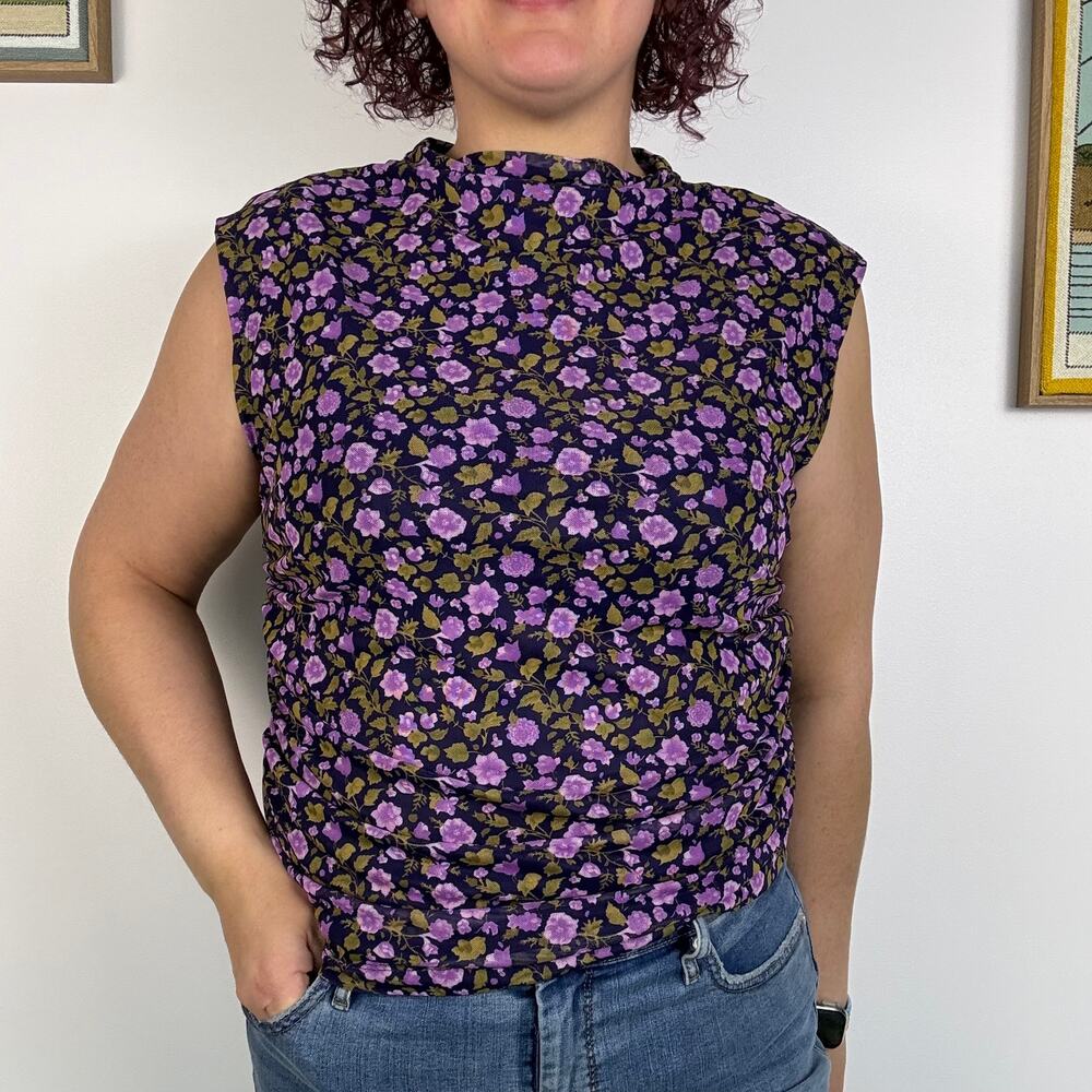 Maeve Mock Neck Mesh Muscle Top navy with purple florals XL